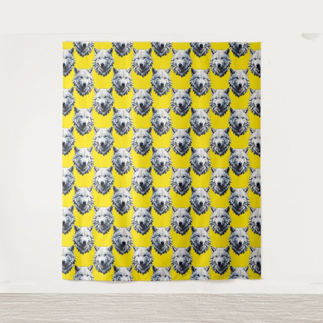Tenture White Wolf Head Pattern Design Yellow  (Devant)