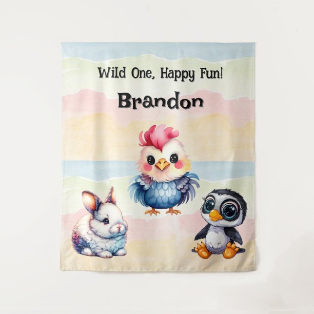 Tenture Wild One Happy Fun Woodland Animaux Aquarelle (Devant)