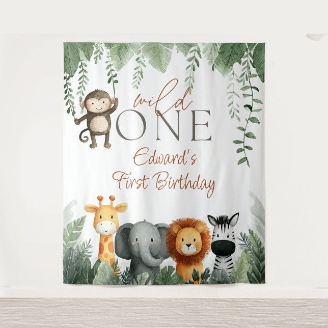 Tenture Wild One Jungle 1st Birthday Photo Backdrop (Devant)