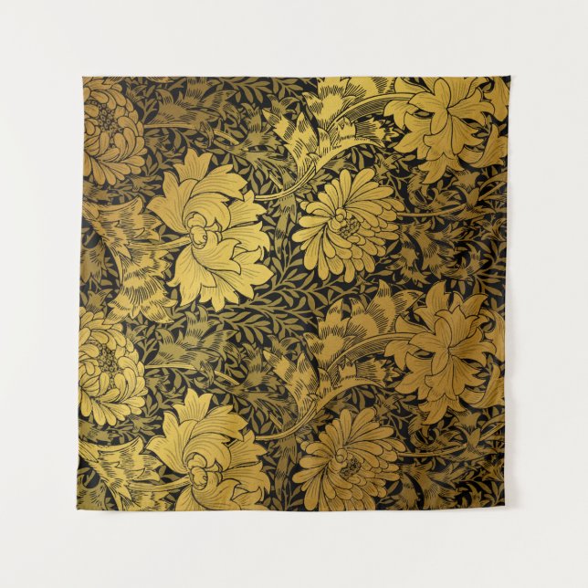 Tenture William Morris Black & Gold Chrysanthemum Floral (Devant (Horizontal))