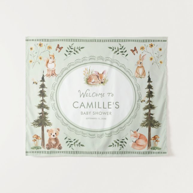Tenture Woodland Sage Green Baby Shower Welcome (Devant (Horizontal))