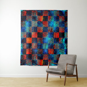 Tenture Xadrez azul, laranja, faux sujo com manchas.