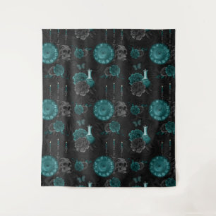 Tenture Zodiac Magie Turquoise foncé vert crâne gothique