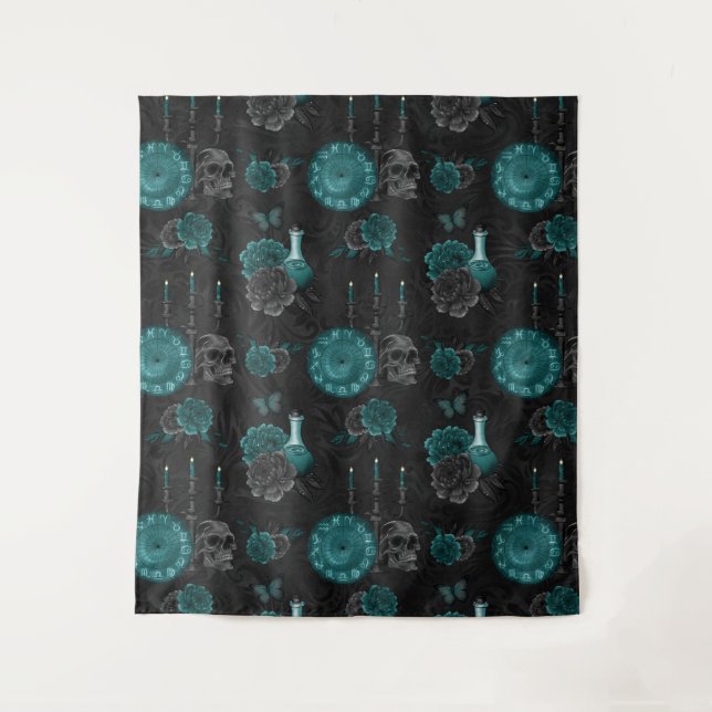 Tenture Zodiac Magie | Turquoise foncé vert crâne gothique (Devant)