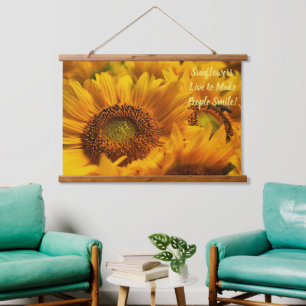 Teppichgelbe Sonnenblumen Spruch Holz oben  Wandteppich Mit Holzrahmen