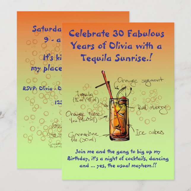 Tequila Sunrise Geburtstagsparty Einladung (Vorne/Hinten)