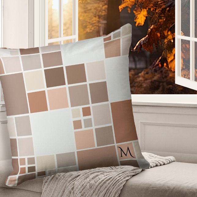 Terra Cotta Coffee Chic Mosaik Muster Pillow Kissen (Modern pillow featuring a pastel mosaic pattern in warm terra cotta, tan, coffee and chocolate)