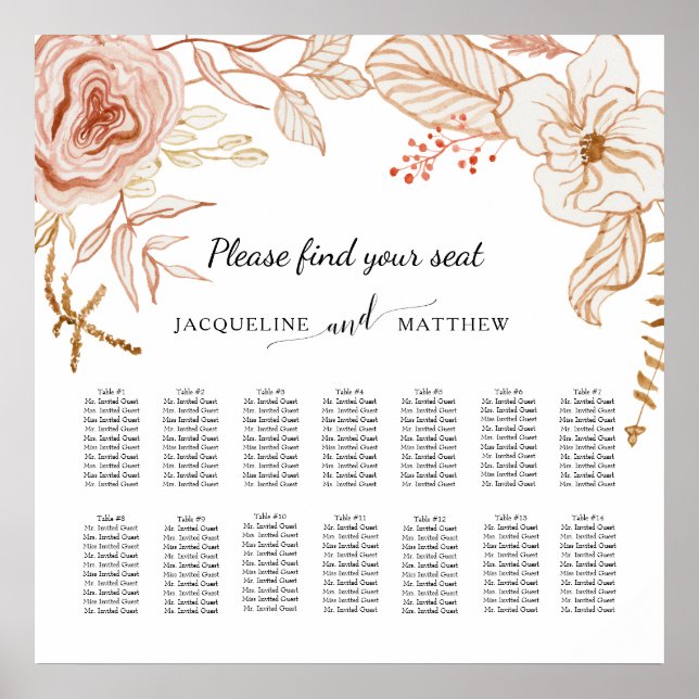 Terra Cotta Pink Gold Floral Wedding Chart Poster (Vorne)