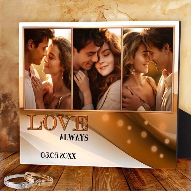 Terra Cotta Retro Boho Foto Wedding Plaque Fotoplatte (Photo plaque featuring a retro boho design in terra cotta with 3 custom photos. Romantic keepsake)