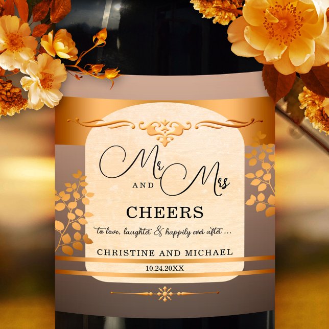 Terra Cotta Rose Gold Wedding Wine Label Weinetikett (Elegant wedding wine label in rose gold and terra cotta with fall leaves. Great for a fall wedding)