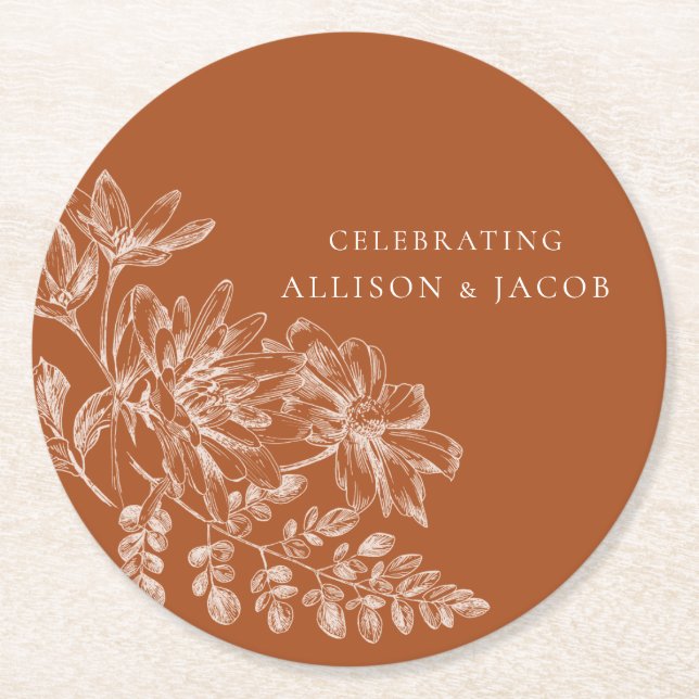 Terra Cotta und White Floral Wedding Runder Pappuntersetzer (Vorderseite)