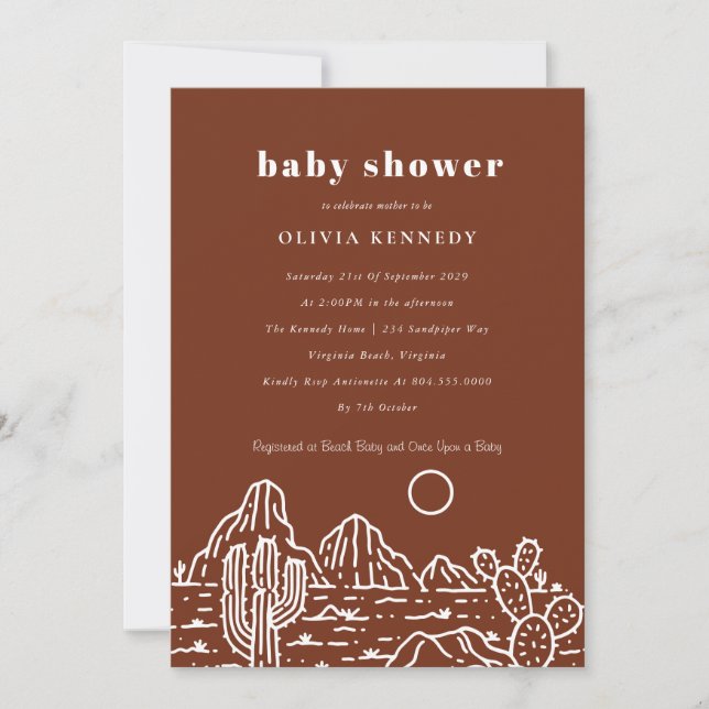 Terracota Baby Shower Cactus Line Art Wüste Einladung (Vorderseite)