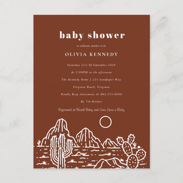 Terracota Baby Shower Cactus Line Art Wüste Postkarte (Vorderseite)