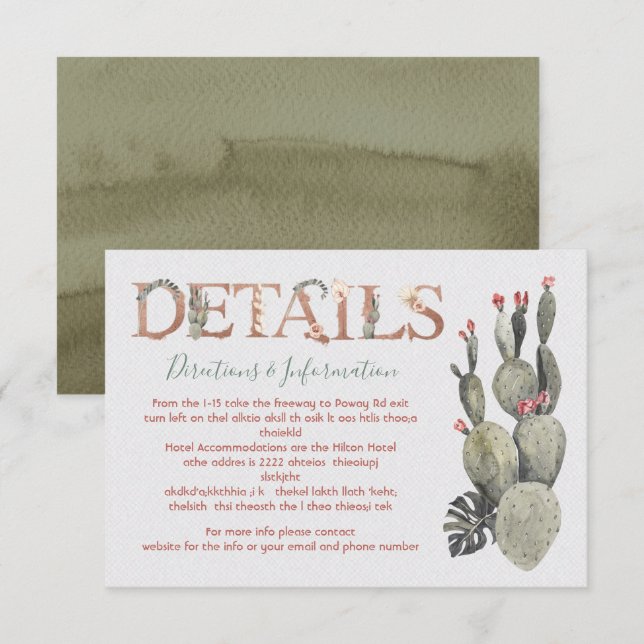 Terracota et Cactus Mariage Détails et carte d'inf (Devant / Derrière)