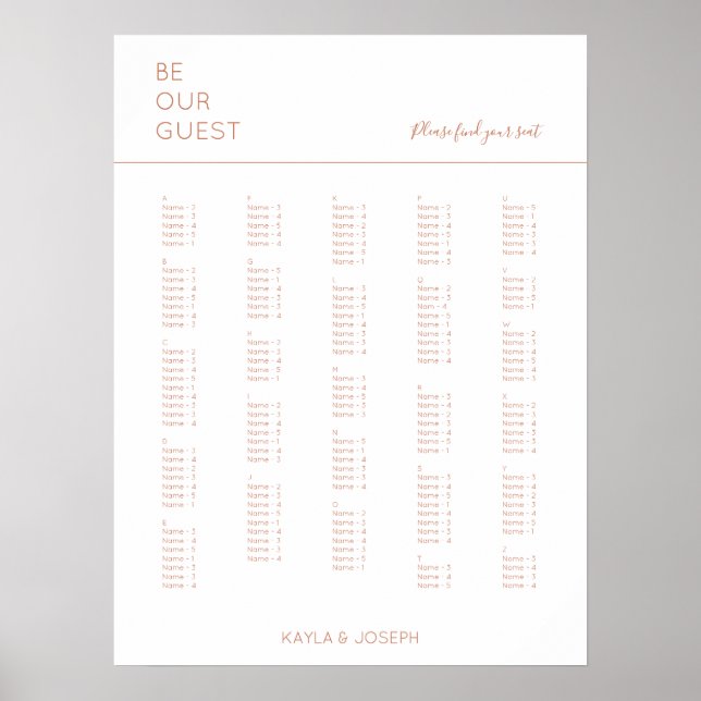 Terracota White Alphabetical Wedding Chart Poster (Vorne)