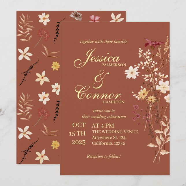 Terracota Wildblumen boho Wedding Einladung (Vorne/Hinten)