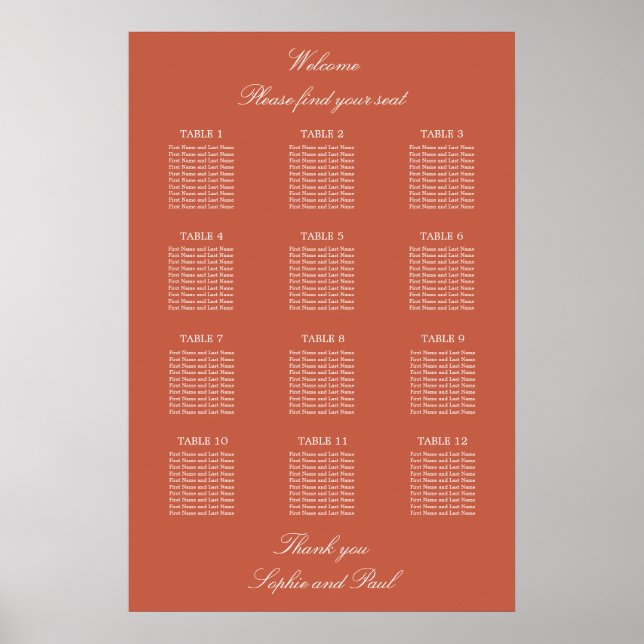 Terracotta 12 Table Wedding Seating Chart Poster (Vorne)