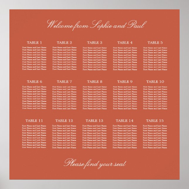 Terracotta 15 Table Wedding Seating Chart Poster (Vorne)