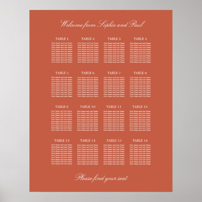 Terracotta 16 Table Wedding Seating Chart Poster (Vorne)