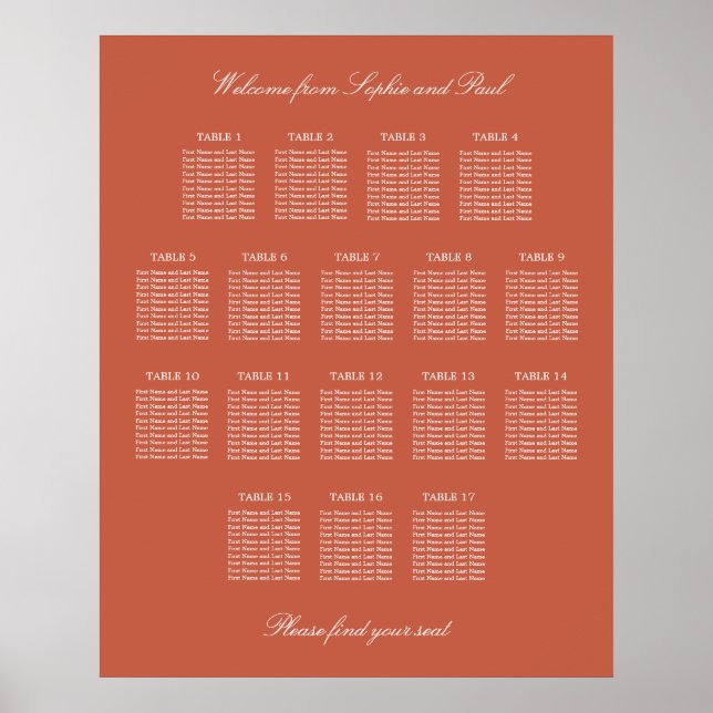 Terracotta 17 Table Wedding Seating Chart Poster (Vorne)