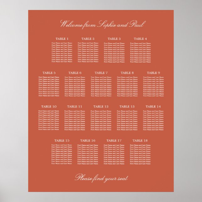 Terracotta 18 Table Wedding Seating Chart Poster (Vorne)