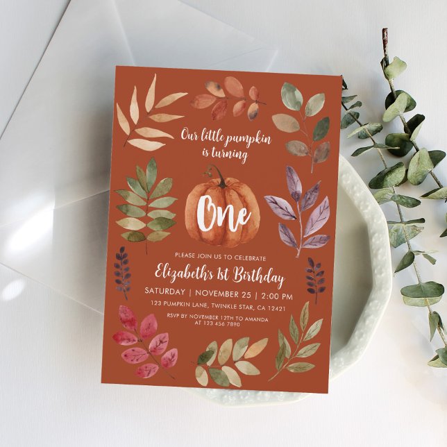 Terracotta 1. Geburtstag Wasserfarbenkürbis, Blätt Einladung (Von Creator hochgeladen)