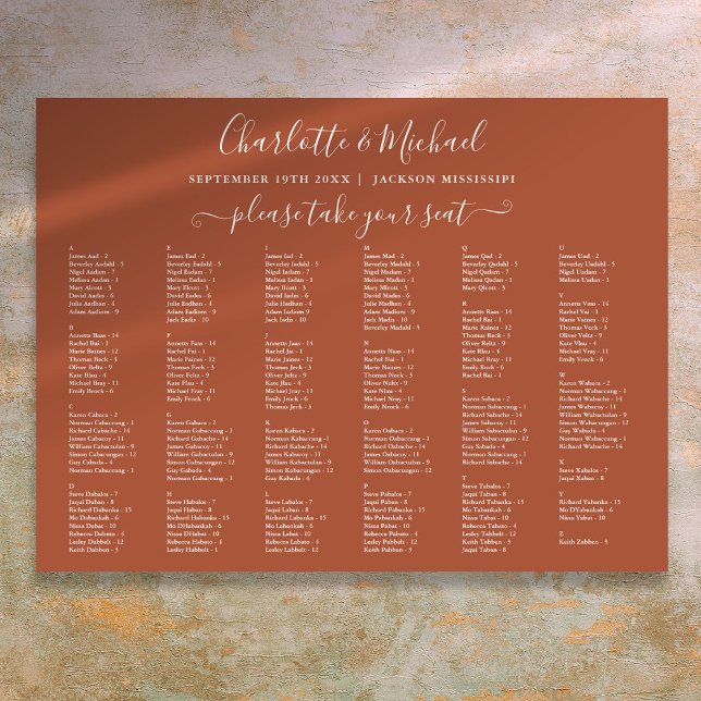 Terracotta 200 Namen Hochzeitskarte Poster (Terracotta 200 Names Wedding Seating Chart)