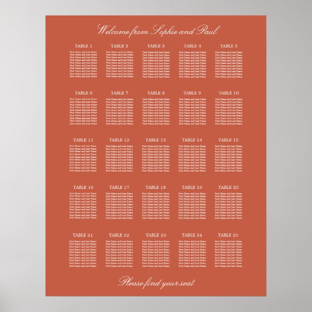 Terracotta 25 Table Wedding Seating Chart Poster (Vorne)