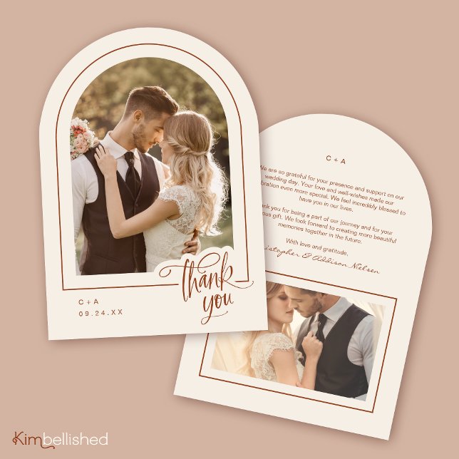 Terracotta 2 Foto Wedding Dankeschön Karte (Front + Back | 5" x 7" invitation with Arch Corner Type)
