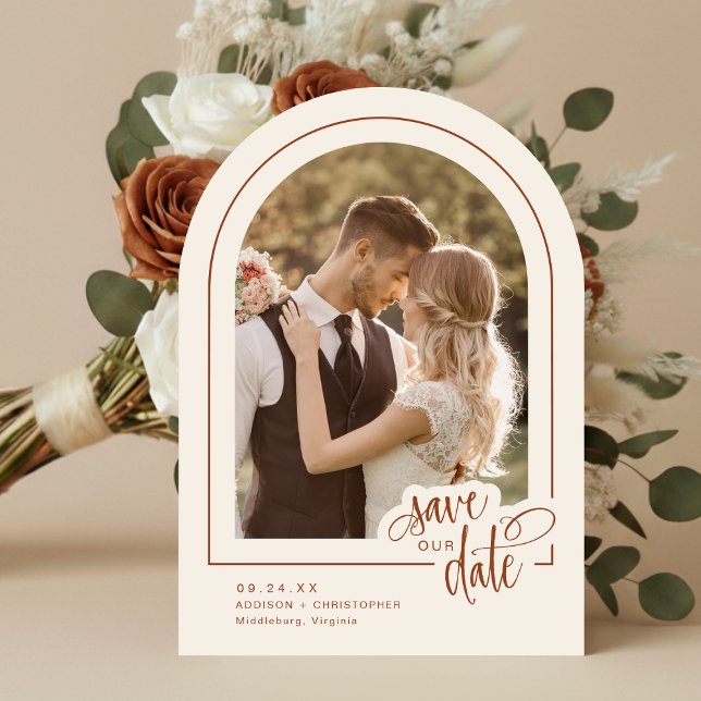 Terracotta 5 Foto Script Wedding Save the Date Einladung (Shown on a 5" x 7" invitation with Arch Corner Style)