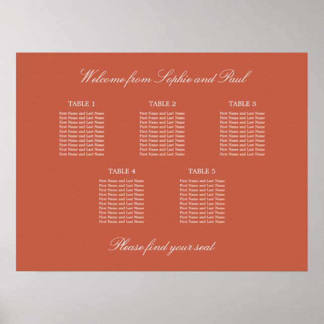 Terracotta 5 Table Wedding Chart Poster (Vorne)
