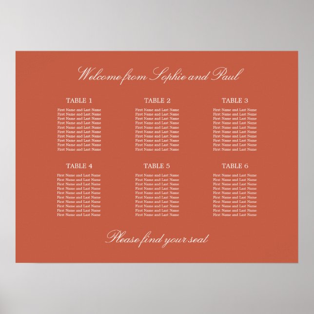 Terracotta 6 Table Wedding Chart Poster (Vorne)