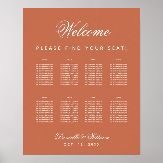 Terracotta 8 Table Einfache Hochzeitskarte Poster (Vorne)