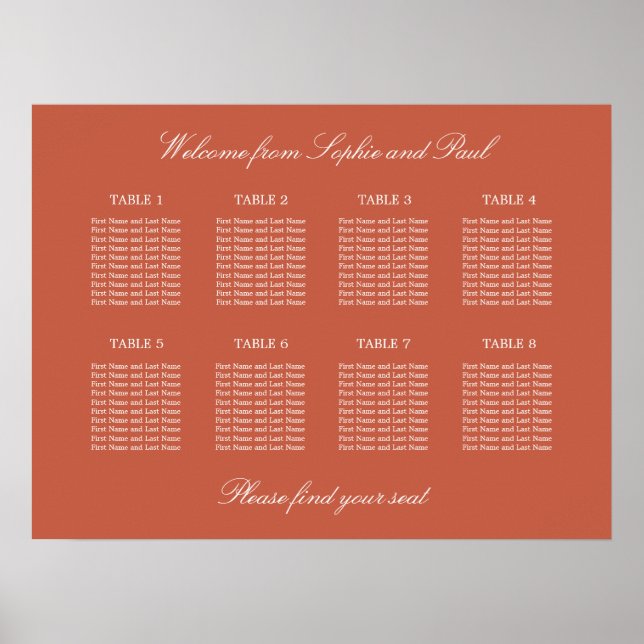 Terracotta 8 Table Wedding Chart Poster (Vorne)