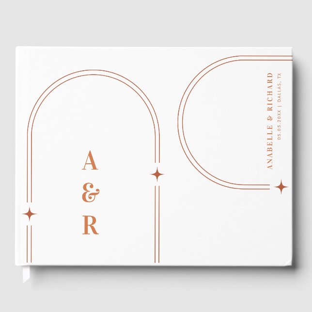 Terracotta Abstrakt Boho Arch Wedding Monogram Gästebuch (Vorderseite)