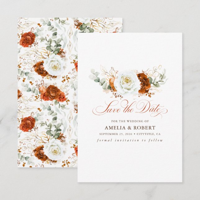 Terracotta and White Chic Floral Save the Date (Vorne/Hinten)