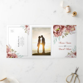 Terracotta Aquarell Blume Florenz Foto Hochzeit Dreifach Gefaltete Einladung