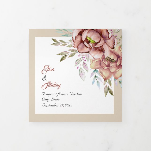 Terracotta Aquarell Blume Hochzeit Foto Dreifach-gefaltete Programmkarte (Cover)