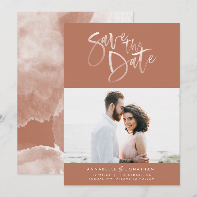 Terracotta Aquarellschrift Schrift Hochzeit Save The Date (Vorne/Hinten)