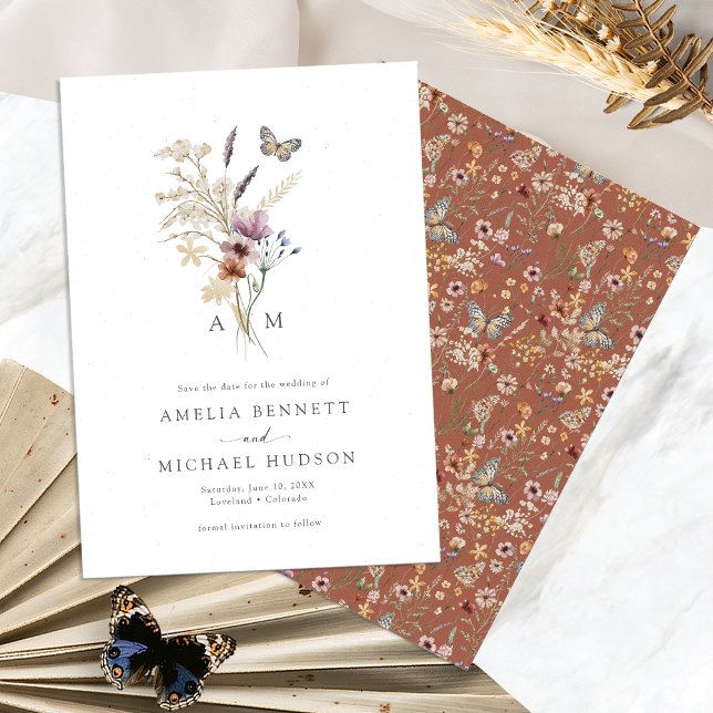 Terracotta auf dem Monte Boho Mit Monogramm Save The Date (Terracotta Elegant Boho Monogrammed Save The Date with Butterfly by Painted Paperie
)