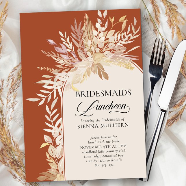 Terracotta auf dem Monte San Giorgio Einladung (Bridesmaids Luncheon invite in terracotta with modern wedding arch framed with neutral fall leaves)