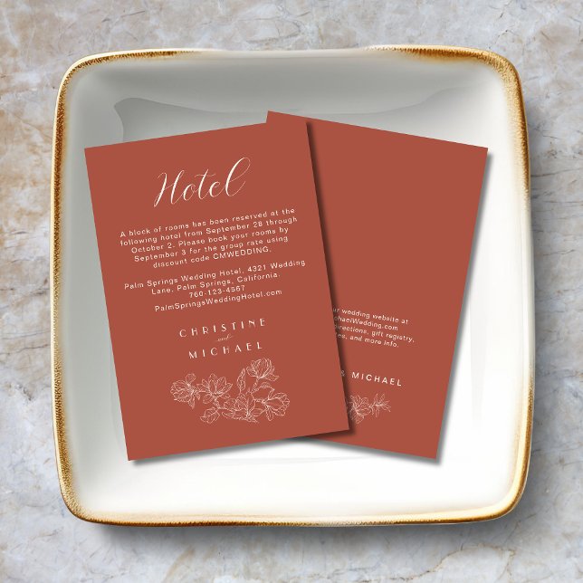 Terracotta auf dem Monte Tamaro Begleitkarte (Terracotta Floral Wedding Hotel Enclosure Card with Magnolia Line Art, ivory wording and graphics.)