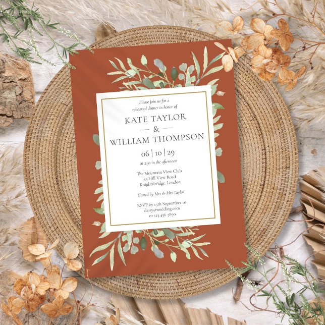 Terracotta auf dem Monte Tamaro Probe Einladung (Terracotta Watercolor Greenery Rehearsal Dinner Invitation)