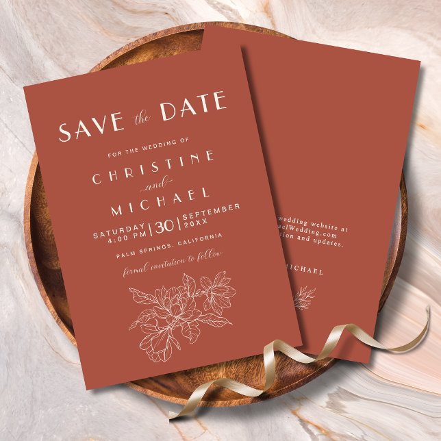 Terracotta auf dem Monte Tamaro Save The Date (Elegant Floral Terracotta Wedding Save the Date Invitation with Magnolia Flower, Wedding Website.)