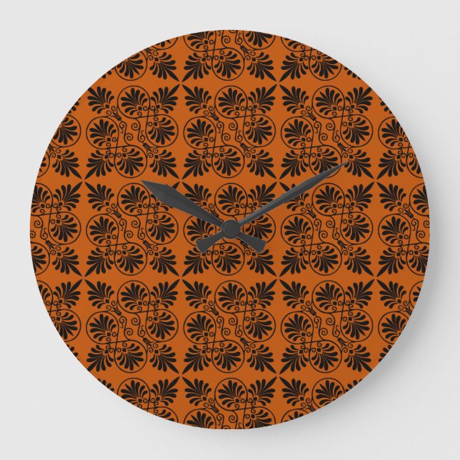 Terracotta Black Alcient Griechisch Meander Muster Große Wanduhr (Vorderseite)