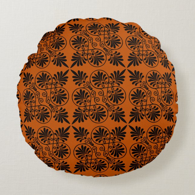 Terracotta Black Alcient Griechisch Meander Muster Rundes Kissen (Vorderseite)