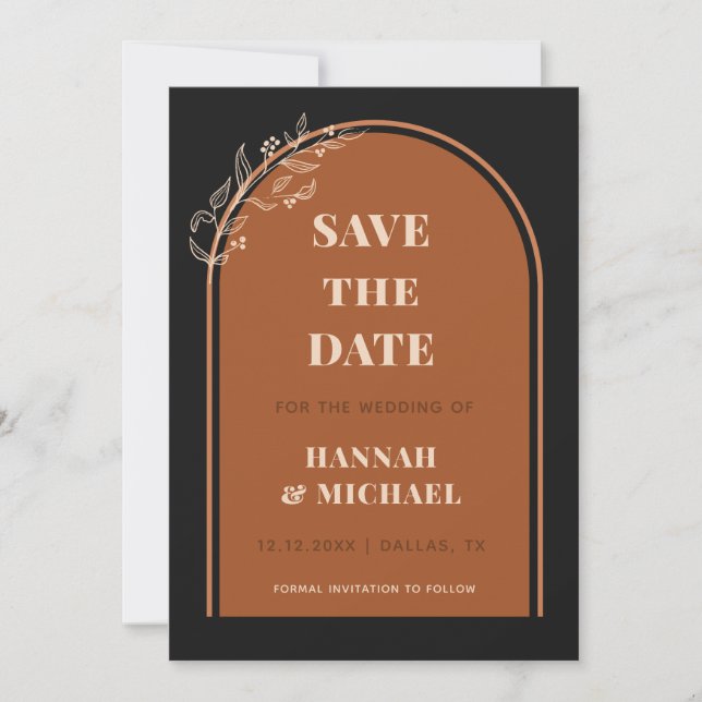 Terracotta Black Double Arch Gezeichnet Botanische Save The Date (Vorderseite)