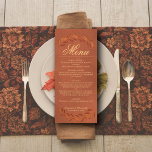 Terracotta Blätter Elegante Rustikale Hochzeit Menükarte<br><div class="desc">Dieses wunderschöne Hochzeitsmenü ist rustikal gestaltet mit marmoriertem Terrakotta-Hintergrund, Schriftzeichen und handbemalten Aquarellfarben-Blätter auf Ober und Unterseite. Der Text ist komplett anpassbar mit Platz für den Namen und das Hochzeitstag des Paares am Ende. Elegant, stilvoll und schick, ist diese Karte eine großartige Möglichkeit, um Ihrem Hochzeitsempfang Klasse und Stil hinzuzufügen,...</div>