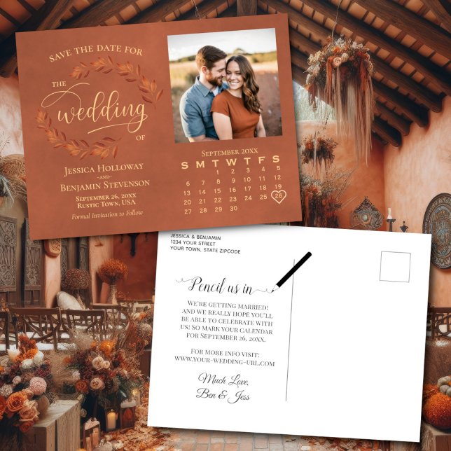 Terracotta-Blätter Foto Kalender Hochzeit Retten D Ankündigungspostkarte (Front/Back)