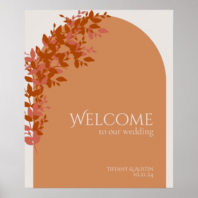 Terracotta Blätter Moderne Hochzeit Begrüßungszeic Poster (Vorne)